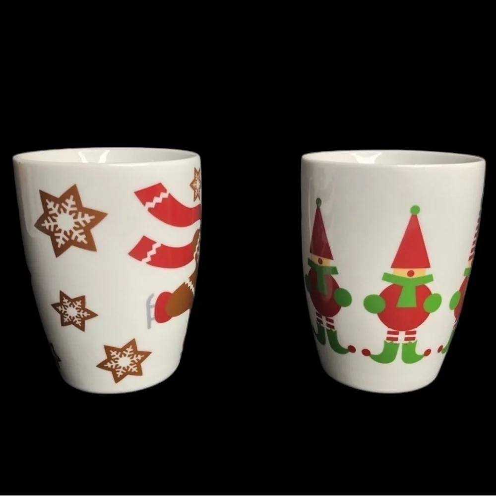 2 Crate & Barrel Skating Gingerbread Boy + Jingle Elves Christmas Mugs in EUC